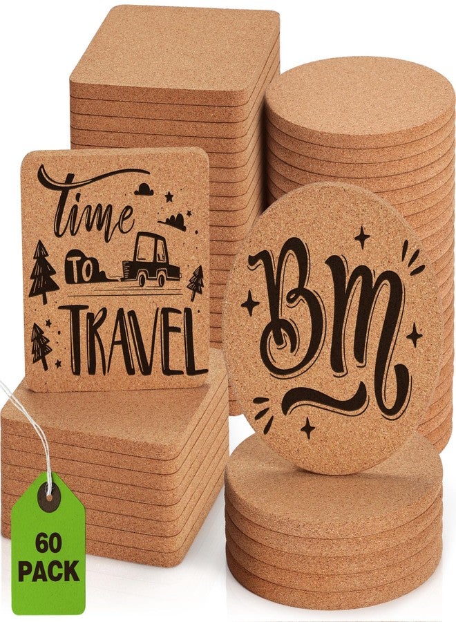 GOH DODD 60 Pieces Cork Coasters for Drinks, GOH DODD Thicken Absorbent Blank Coasters for DIY Crafts Laser Engraving Sublimation Wood Burning Plants Painting Housewarming Gifts Wedding Education, 4 Inch - Image 1